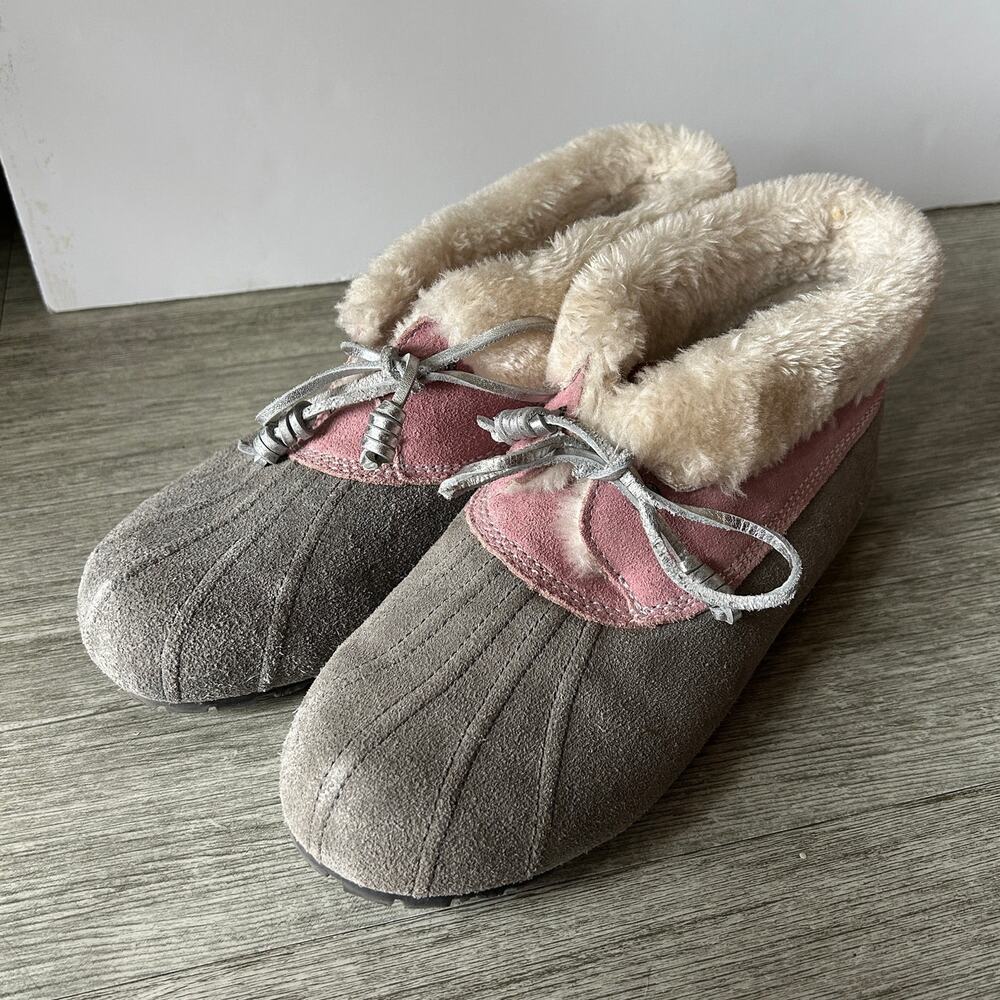 Sperry Gray Pink Leather Upper Faux Sherpa Lining Cozy Duck Boot Slippers Size 7